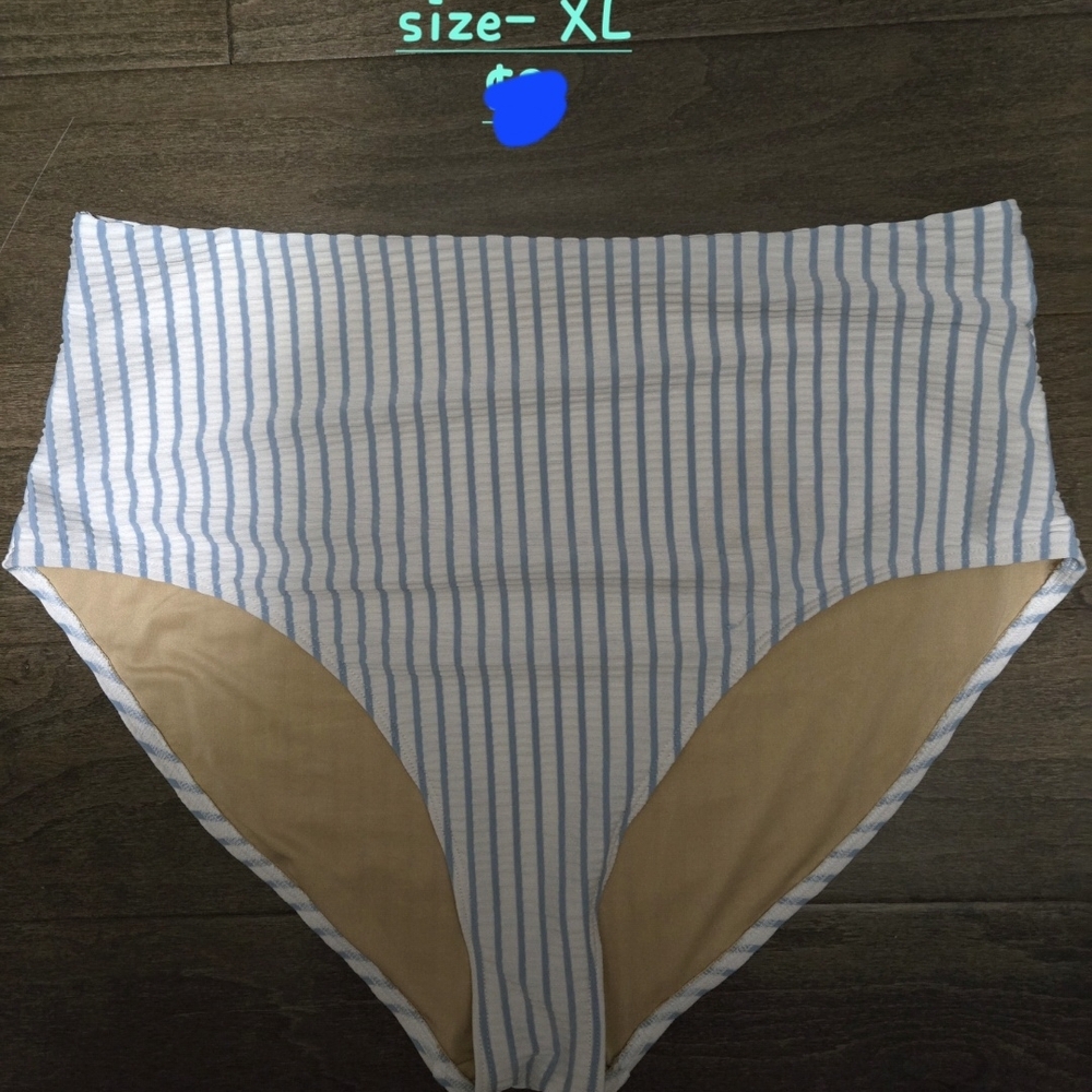 Blue and White Striped High-Waisted Bikini Bottom